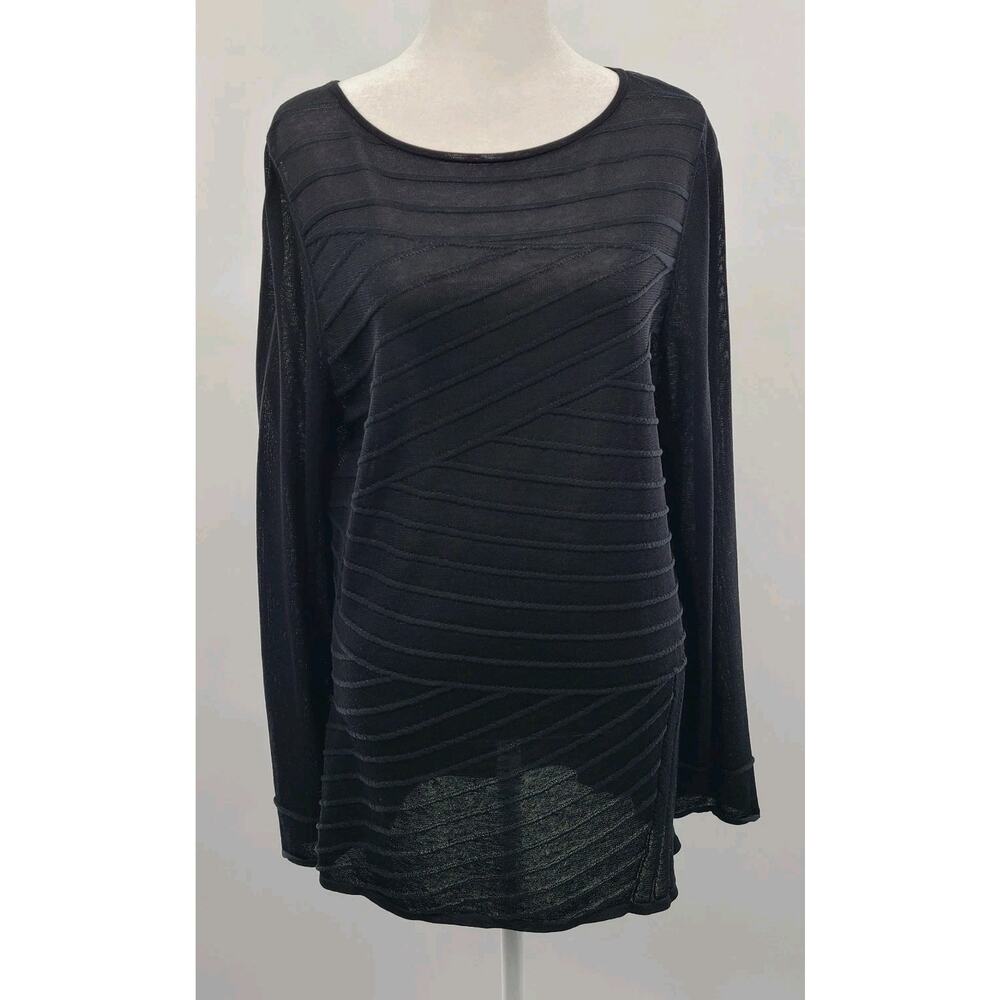Lafayette 148 Semi Sheer Mesh Tunic Top‎ Medium Black Stripe Minimalist Luxury